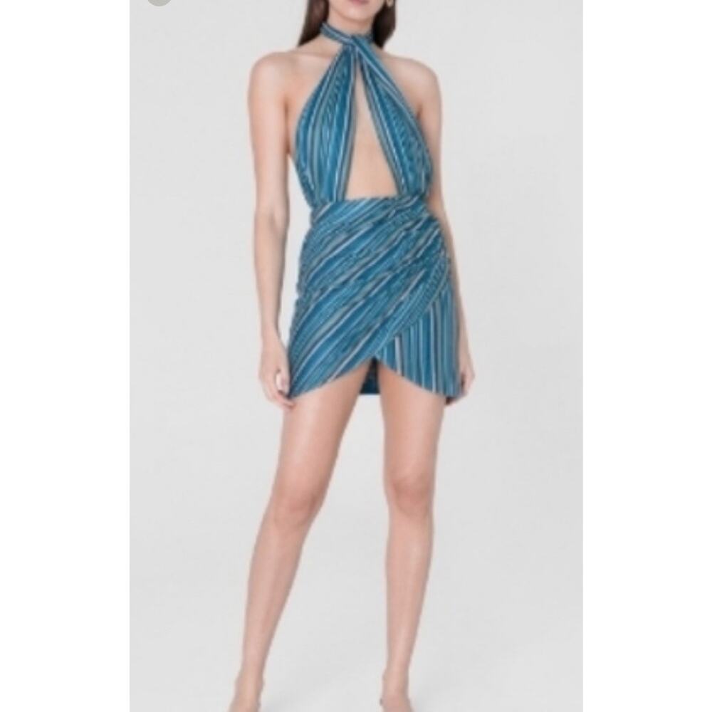 Kukhareva London Rosie Mini Dress Halter Plunge Striped Knit in Ocean NWT Medium